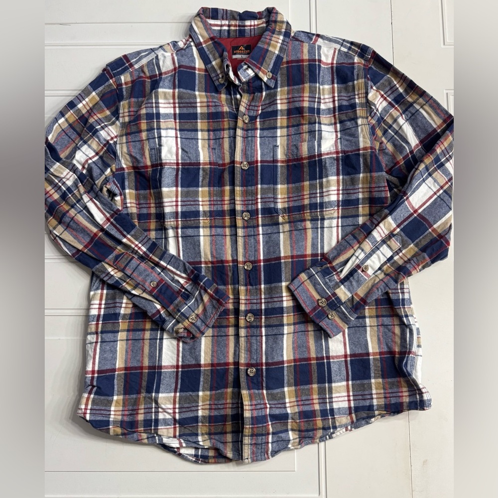 Ridgecut Toughwear Mens Size L Heavy Flannel Shirt Button Up Blue Plaid Workwear